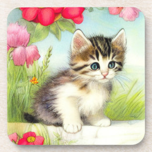 Vintages Weiß und Brown Kitten mit Blume Getränkeuntersetzer