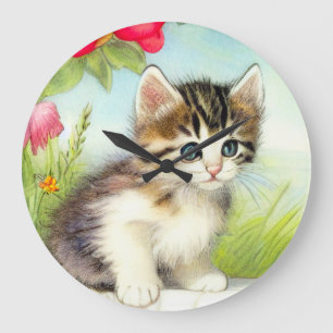 Vintages Weiß und Brown Kitten mit Blume Große Wanduhr