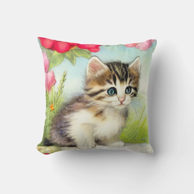 Vintages Weiß und Brown Kitten mit Blume Kissen (Vorderseite)