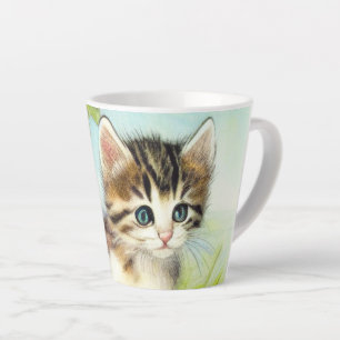 Vintages Weiß und Brown Kitten mit Blume Milchtasse