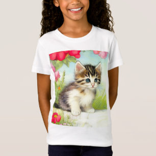 Vintages Weiß und Brown Kitten mit Blume T-Shirt