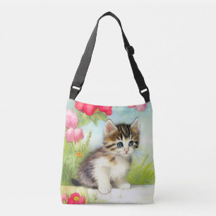 Vintages Weiß und Brown Kitten mit Blume Tragetaschen Mit Langen Trägern