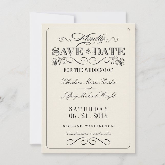 Vintages Weißes Elegant Save the Date WT313 (Vorderseite)