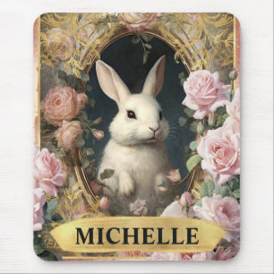Vintages Weißes Kaninchen und rosa Rosen Mousepad