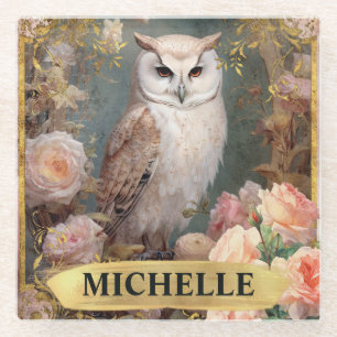 Vintages weißes Owl und rosa Rosen Glasuntersetzer