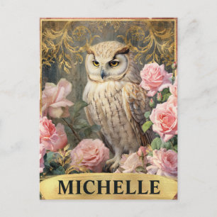 Vintages weißes Owl und rosa Rosen Postkarte