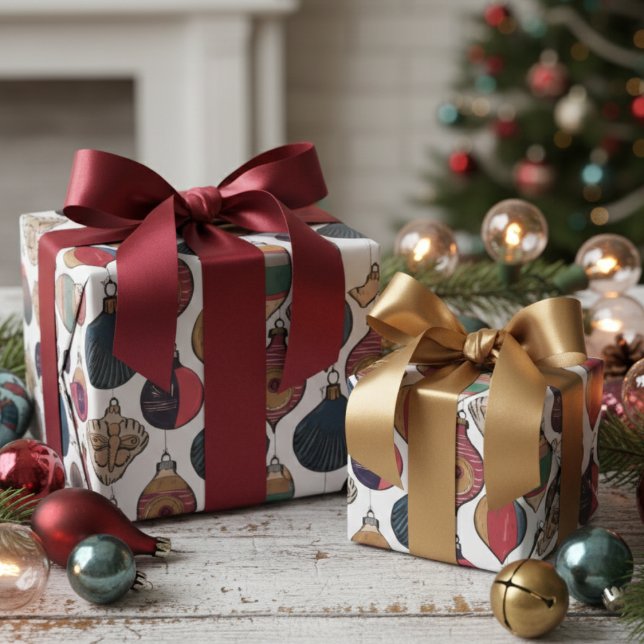 Vintages Weißes Weihnachtsschmuckpapier Geschenkpapier (Chic Holiday Retro Wrapping Paper for Christmas. Stylish Elegant Vintage Xmas Ornaments Pattern )