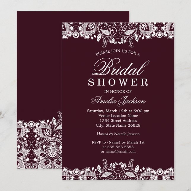 Vintages White Lace Burgundy Brautparty Einladung (Vorne/Hinten)
