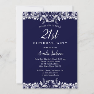 Vintages White Lace Navy 21. Geburtstag Party Einladung