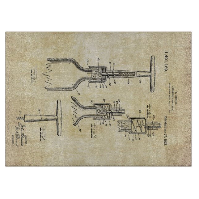 Vintages Wine-Korkenzieher-Patent Schneidebrett (Vorderseite)