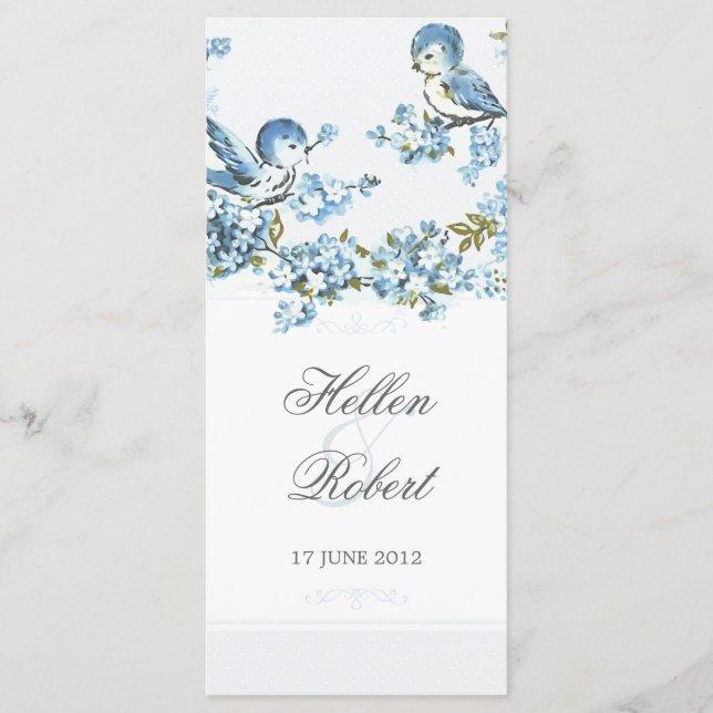 Vintages Winterhochzeitprogramm für Blaue Vögel Programm (Vorderseite)