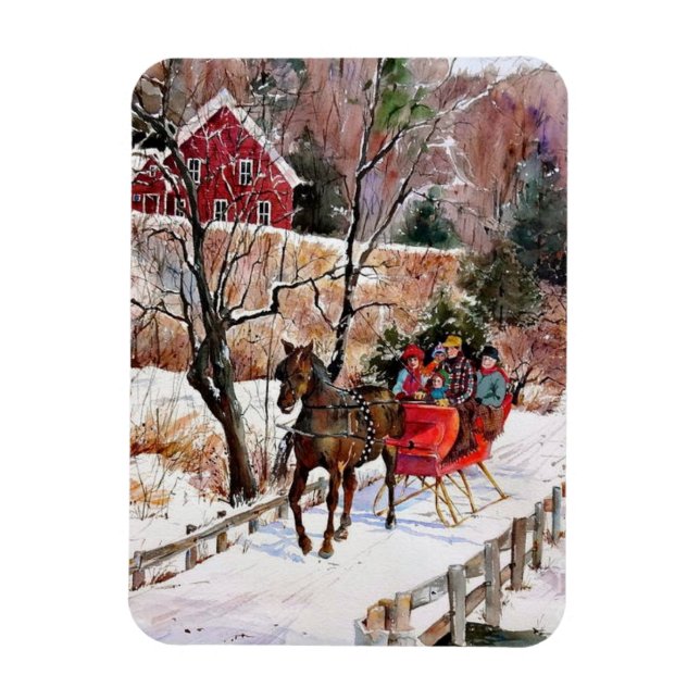 Vintages Winterpferd und Schlitten im Schnee Magnet (Vertikal)