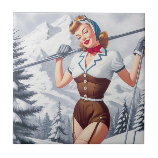 Vintages Winterski-Button Fliese (Vorderseite)