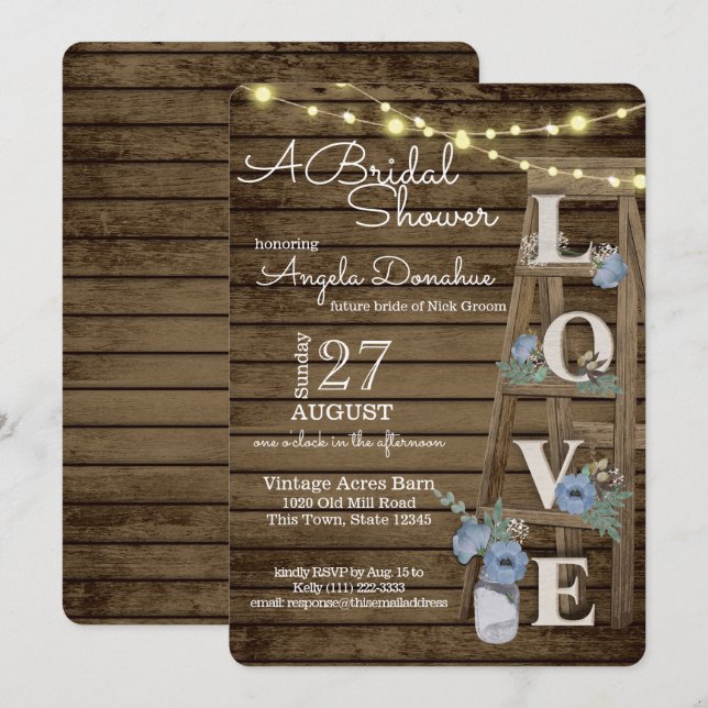 Vintages Wood Ladder Blue Brautparty Einladung (Vorne/Hinten)