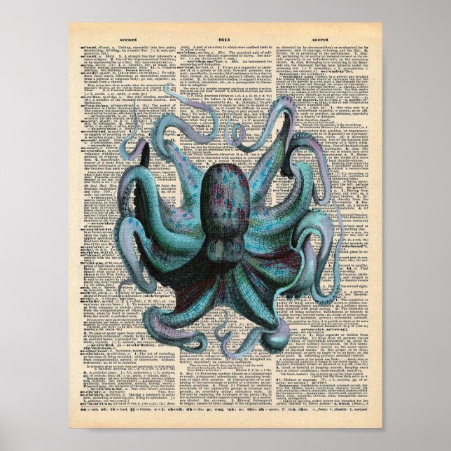 Vintages Wörterbuch Art Blue Ocean Octopus Poster (Vorne)