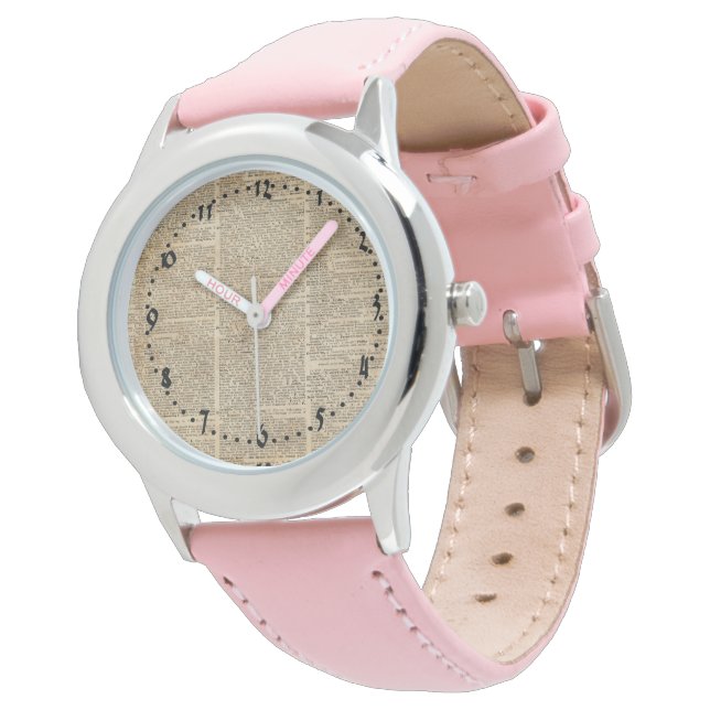 Vintages Wörterbuch Art Watch Pink Leather Armbanduhr (Schrägansicht)