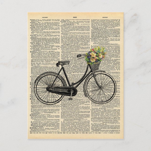 Vintages Wörterbuch Kunst Fahrrad mit Blume Postkarte (Vorderseite)