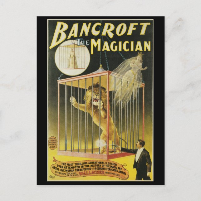Vintages Zauberposter, Magician Bancroft und Löwe Postkarte (Vorderseite)