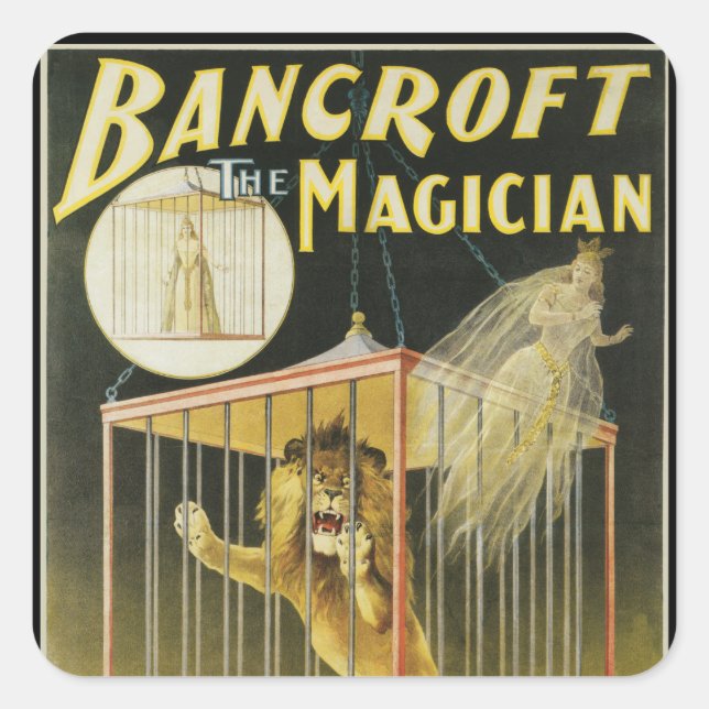 Vintages Zauberposter, Magician Bancroft und Löwe Quadratischer Aufkleber (Vorderseite)