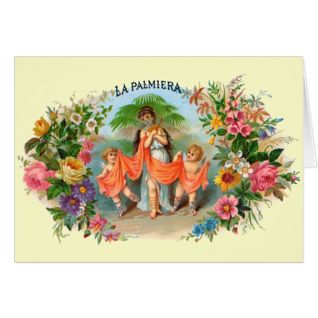 Vintages Zigarrenlabel La Palmiera, Frau mit Engel (Vorderseite (Horizontal))