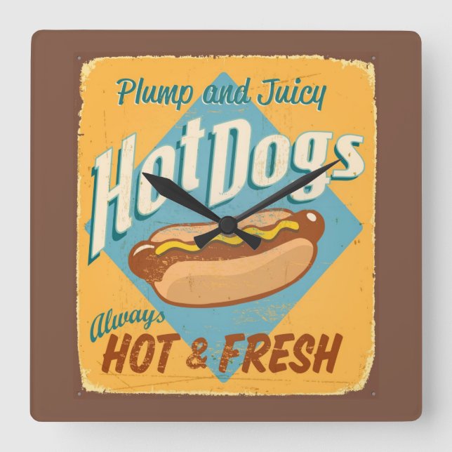 Vintages Zinnzeichen - Hotdogs Quadratische Wanduhr (Vorderseite)