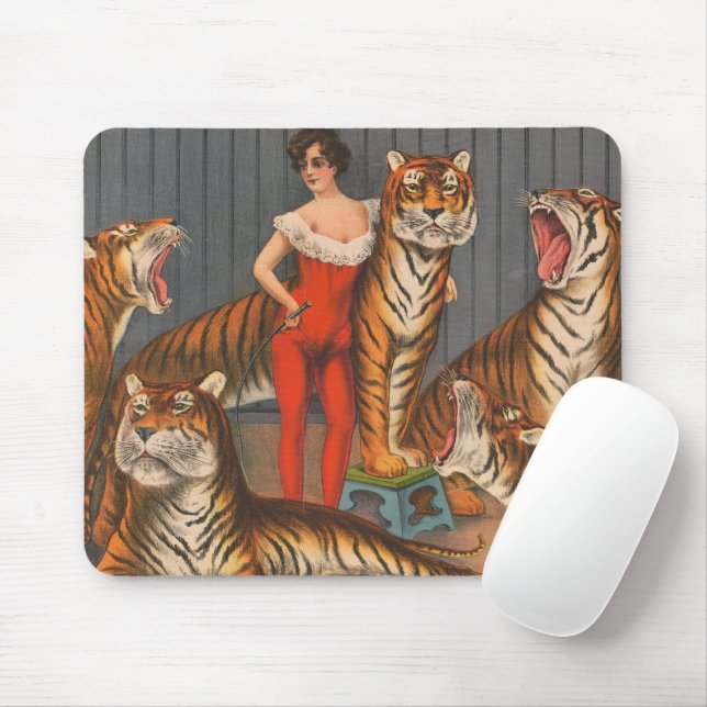 Vintages Zirkusposter der Frau mit sechs Tigern. Mousepad (Mit Mouse)