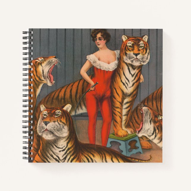 Vintages Zirkusposter der Frau mit sechs Tigern. Notizbuch (Vorderseite)