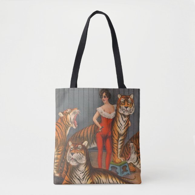 Vintages Zirkusposter der Frau mit sechs Tigern. Tasche (Vorderseite)