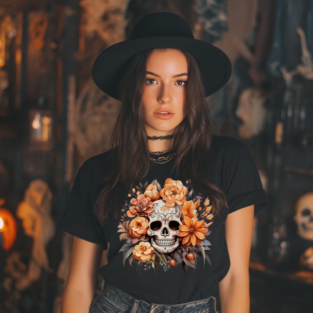 Vintages Zuckerschädel Halloween T-Shirt (Halloween Floral Sugar Skull)