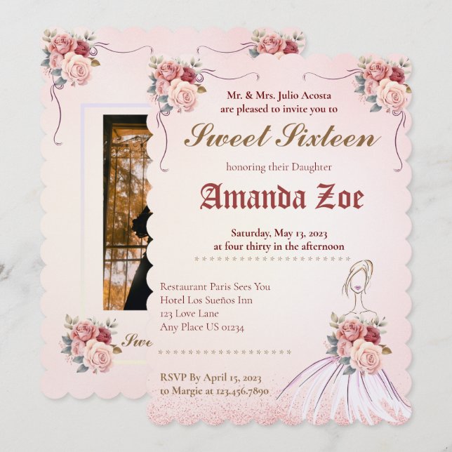 Vintange Sweet 16 / Quinceañera Invitation (Devant / Derrière)