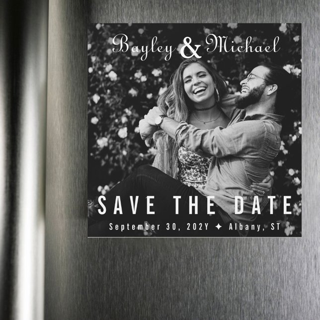Vinyl Album Cover B&W Foto Magnet Save the Date (Vinyl record album style black and white photo save the date magnet)