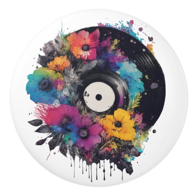 Vinyl Datensatz mit farbigen Blume Keramikknauf (Vorderseite)