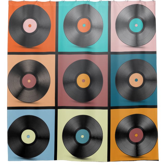 Vinyl-Platten: Retro-LP-Set. Duschvorhang (Vorderseite)