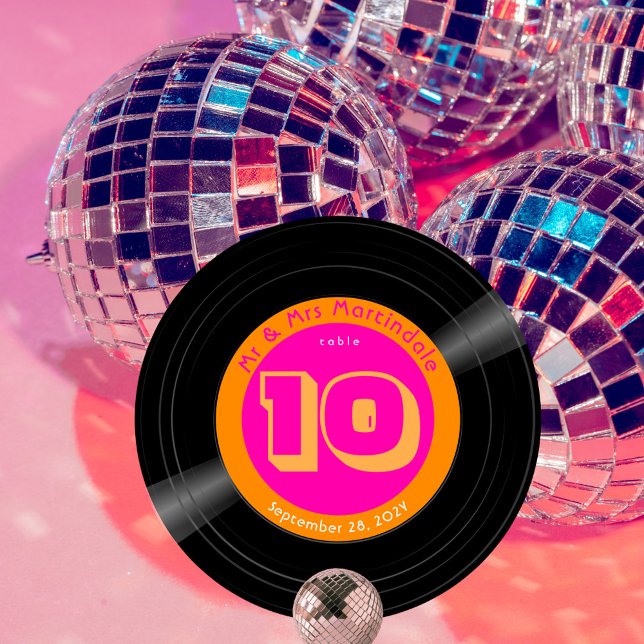 Vinyl Record Disco Hot Pink Orange Tischnummer (Disco vinyl record style wedding table number hot pink and orange)