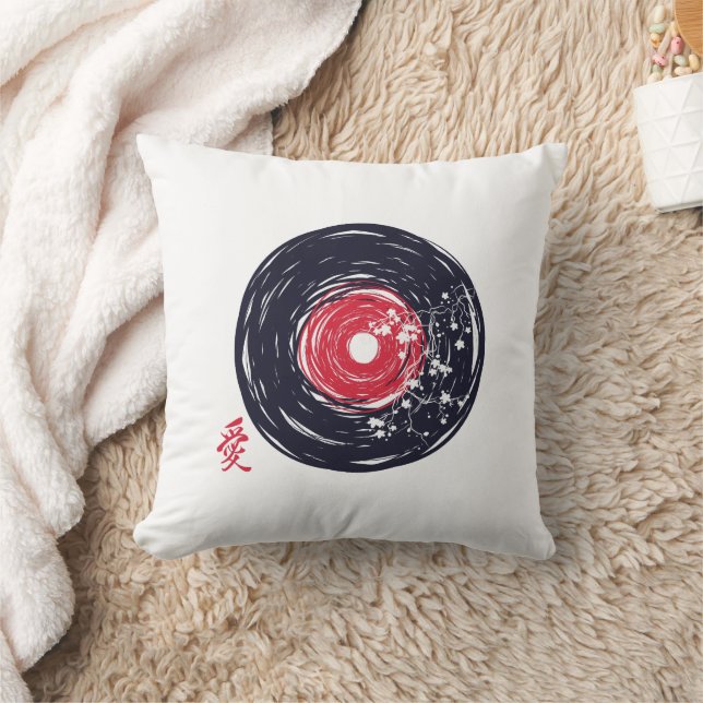 Vinyl Record Retro Grunge mit Sakura Blüten Kissen (Decke)