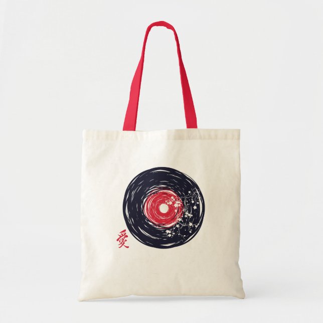 Vinyl Record Retro Grunge mit Sakura Blüten Tragetasche (Vorne)