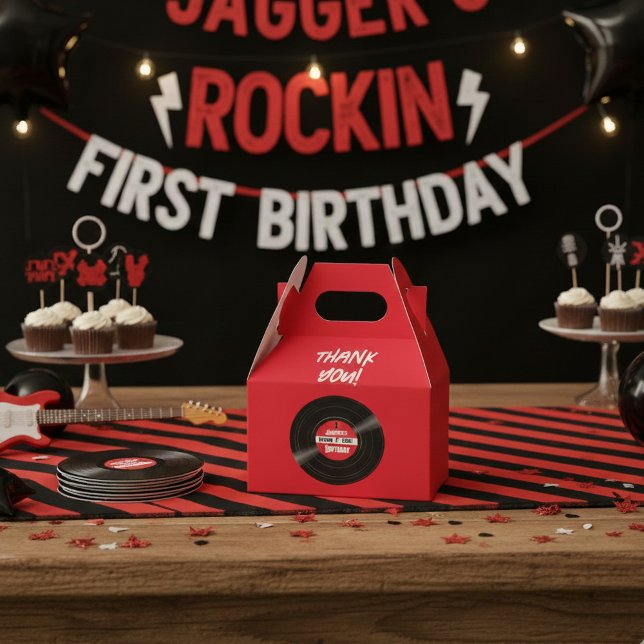 Vinyl Record Rock and Roll Birthday Red Gable Geschenkschachtel (Custom vinyl record favor boxes for a rockin' birthday)