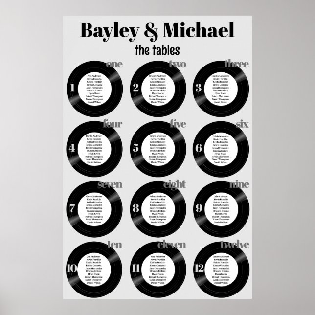 Vinyl Record Wedding Gray Seating Chart Poster (Vorne)