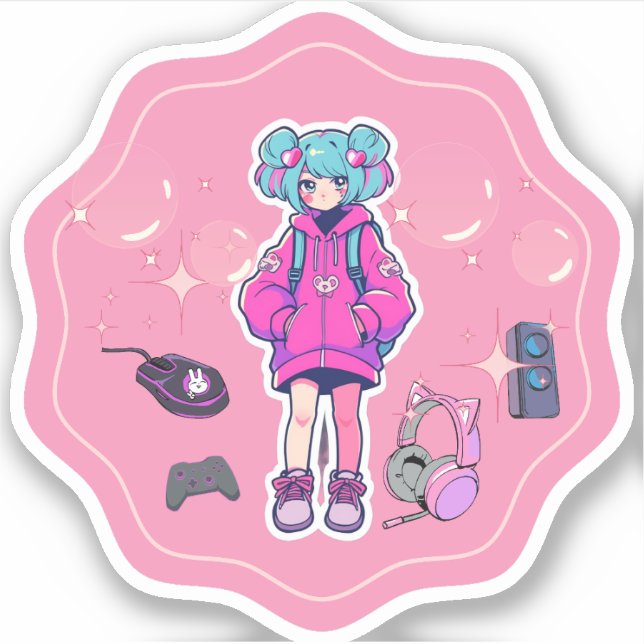Vinyl-Sticker, Gamer-Girl, rosa Aufkleber (Vorderseite)