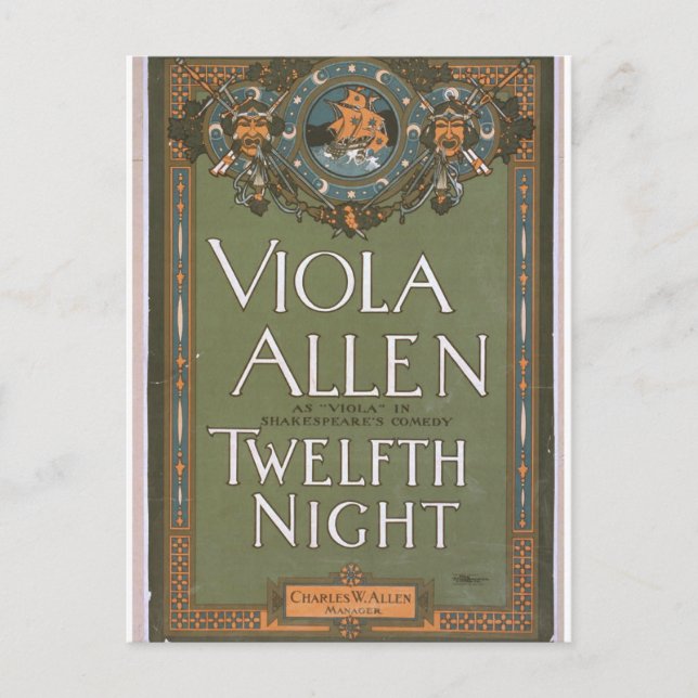 Viola Allen, Vintages Theater "Zwölfte Nacht" Postkarte (Vorderseite)