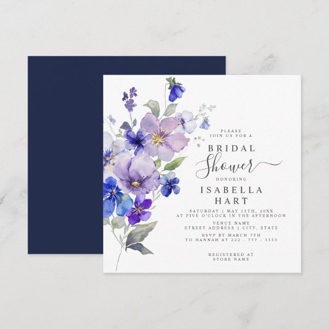 Viola Floral Lila Blue Navy Blume Brautparty Einladung (Vorne/Hinten)