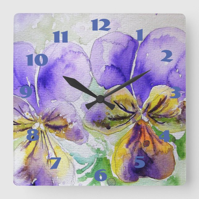 Viola Lila Stiefmütterchen Wasserfarbene Pansy Blu Quadratische Wanduhr (Vorderseite)