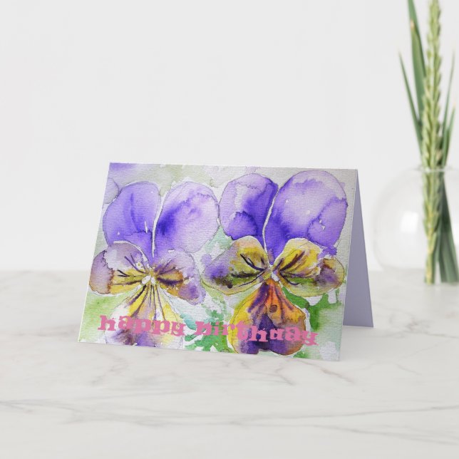 Violas violet Pansy Watercolor art Carte d'anniver (Devant)