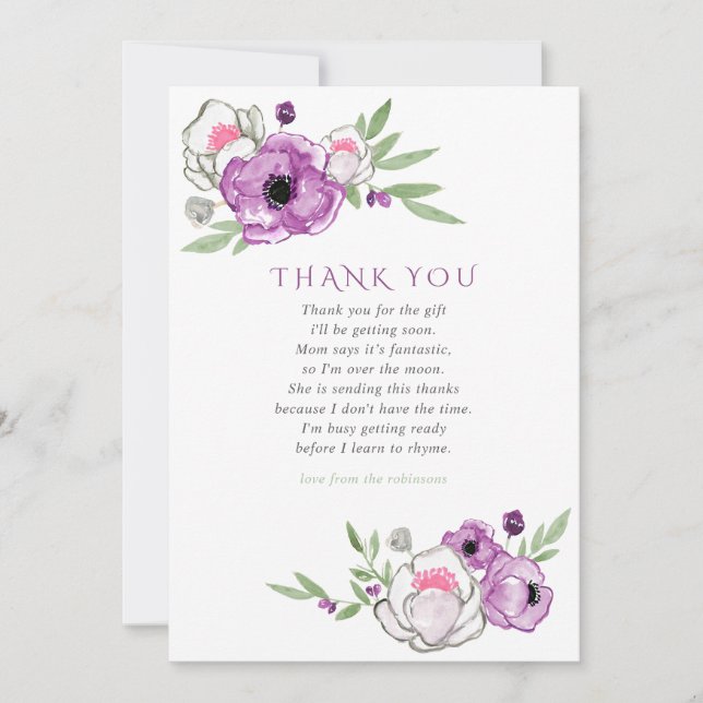Violet and Sage Floral Baby Dusche Vielen Dank Dankeskarte (Vorderseite)