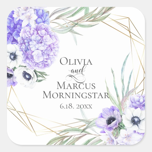 Violet Anemone Floral Wedding Bouquet Quadratischer Aufkleber (Vorderseite)