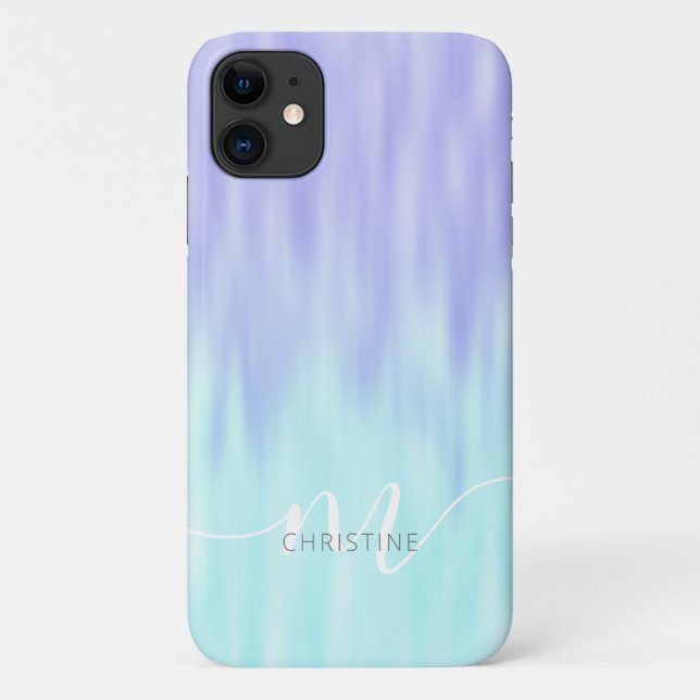 Violet Aqua Blue Pastel Ombre Chic Script Monogram Case-Mate iPhone Hülle (Rückseite)