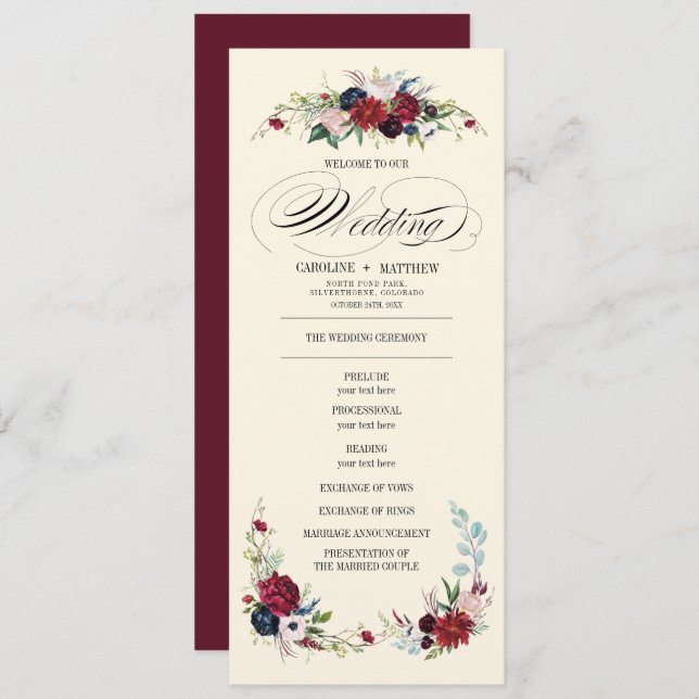 Violet | Bleu | Red Floral Creme Wedding Programme (Devant / Derrière)