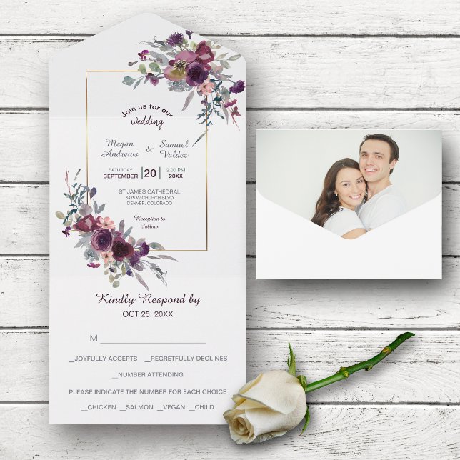 Violet Blue Floral Foto Template Hochzeit All In One Einladung (Von Creator hochgeladen)