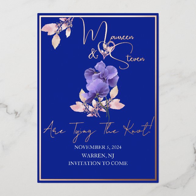 Violet Blume Royal Blue Save the Date Foil Card Folieneinladung (Vorderseite)