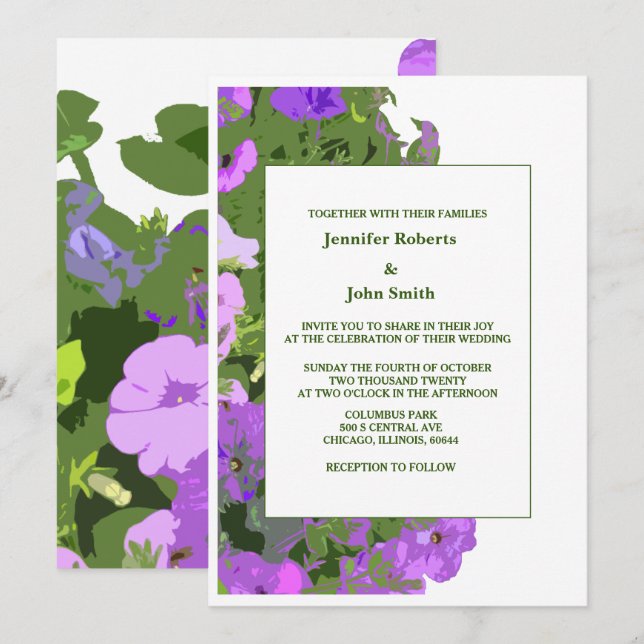 Violet Blumenzage Grün Weiß Elegante Hochzeit Einladung (Vorne/Hinten)